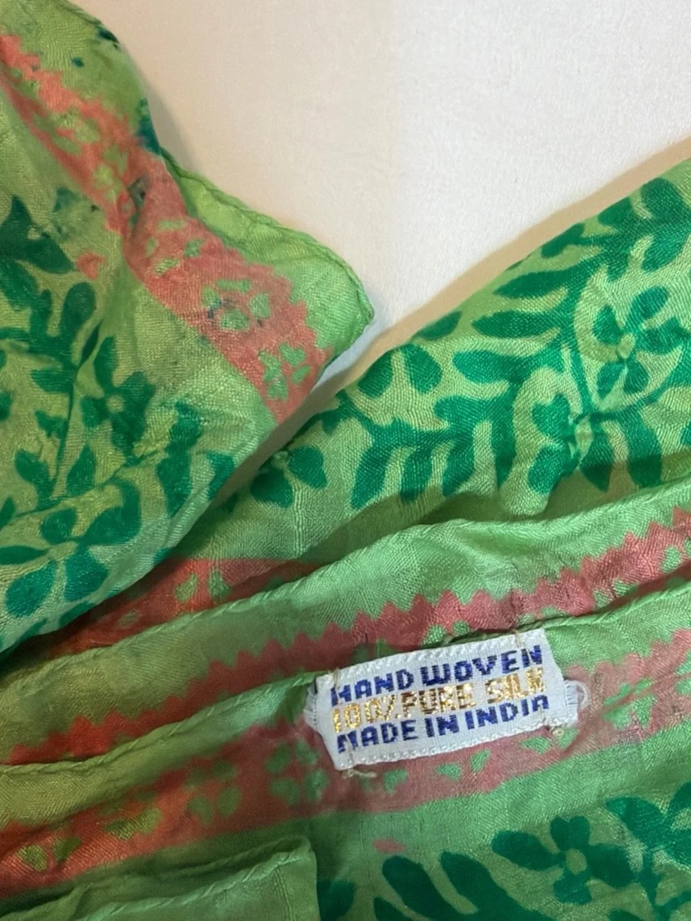 Hand Woven Indian Silk Floral Scarf Green Pink Boho